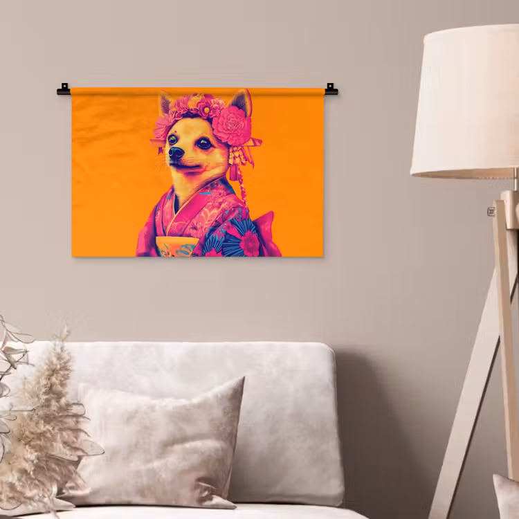 Wandkleed - Kimono - Hondje - Bloemenkroon - Oranje — 2