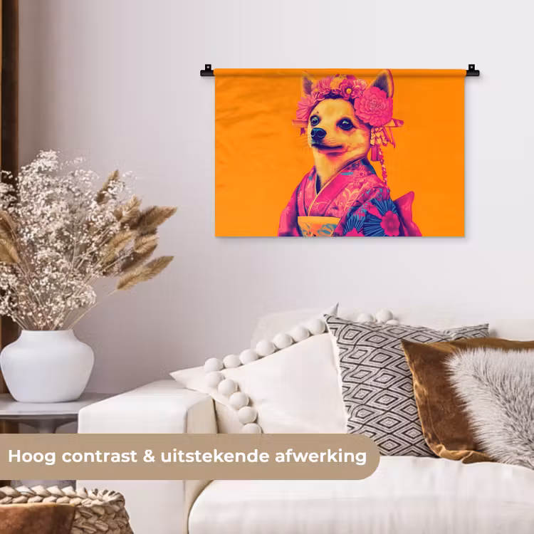 Wandkleed - Kimono - Hondje - Bloemenkroon - Oranje — 4