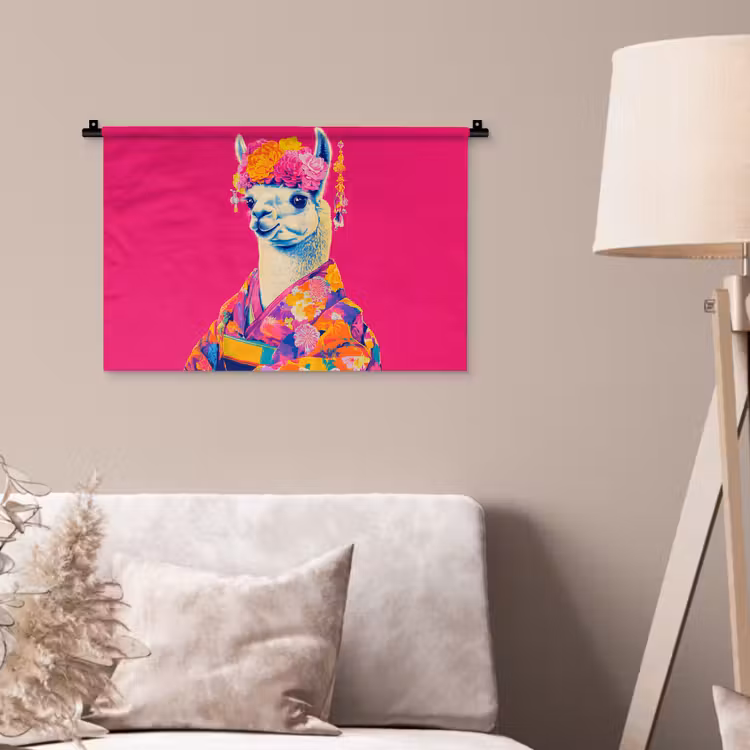 Wandkleed - Lama - Kimono - Bloemenkrans - Felroze — 2