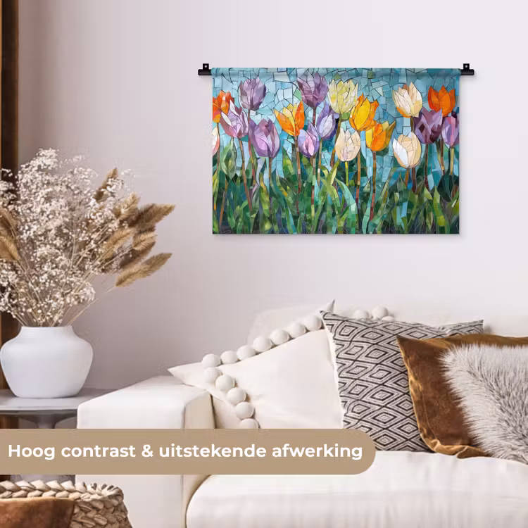 Wandkleed - Mozaïek - Veld - Tulpen - Kleurrijk — 4