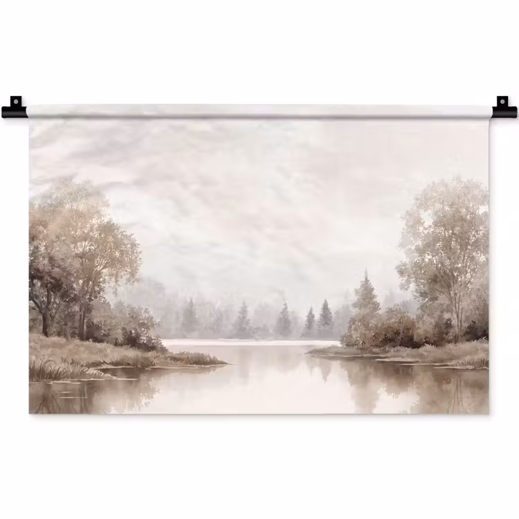 Wandkleed - Rivierlandschap - Minimalistisch - Aardetinten — 1