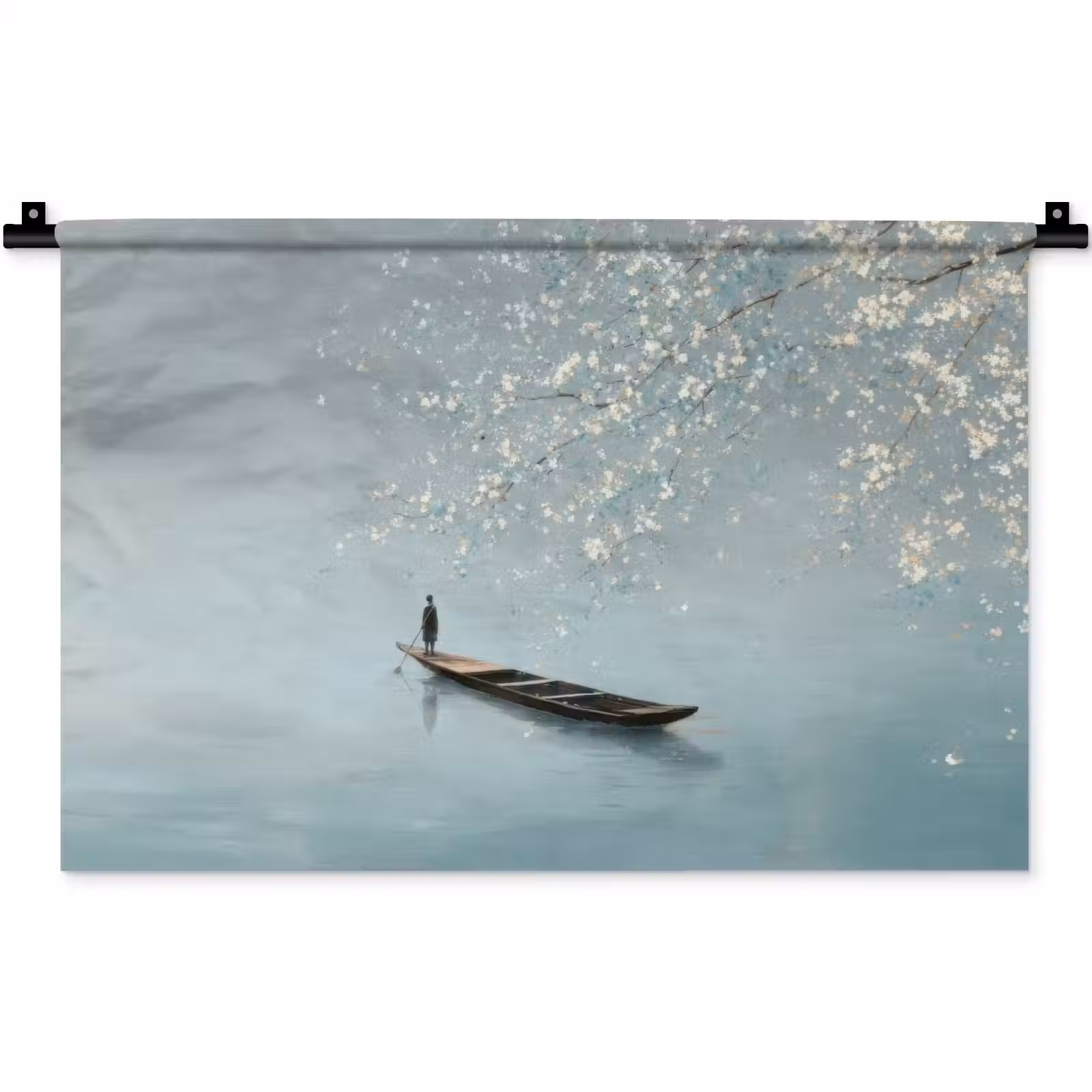 Wandkleed - Bloesems - Minimalistisch - Wateroppervlak - Boot — 1