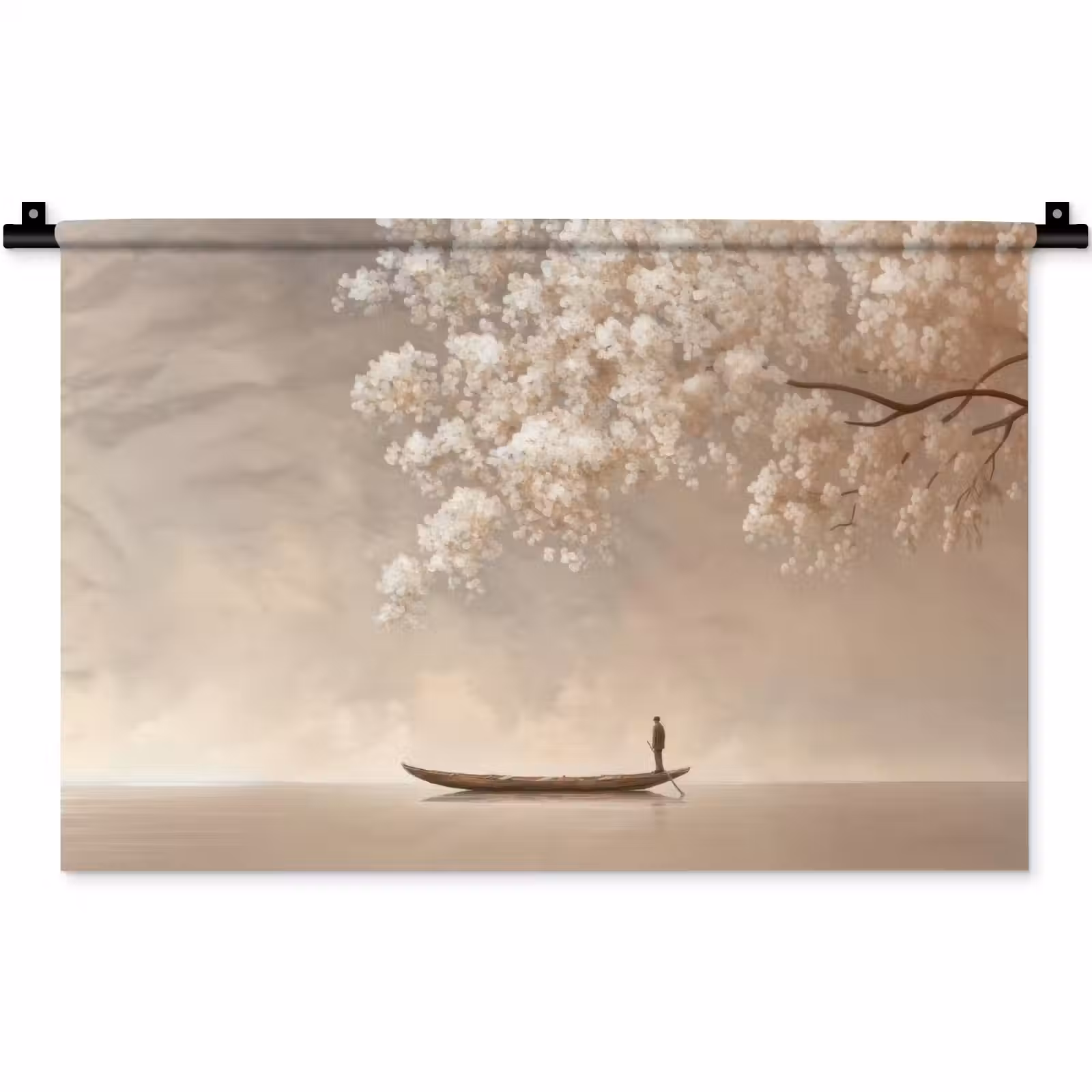 Wandkleed - Bloesems - Wit - Boot - Minimalistisch — 1
