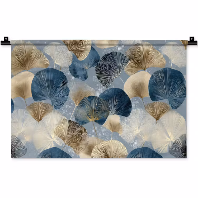 Wandkleed - Bladeren - Abstract - Goud - Blauw — 1