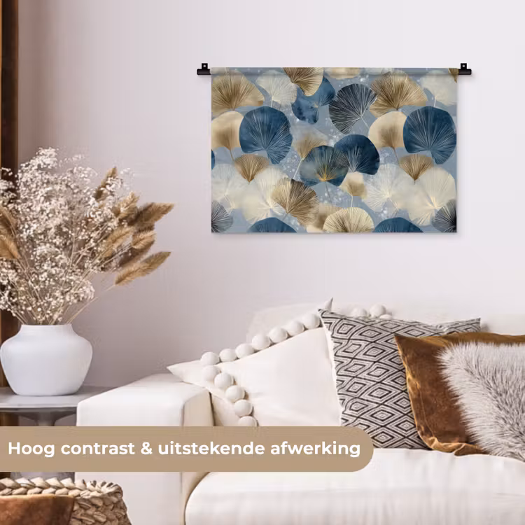 Wandkleed - Bladeren - Abstract - Goud - Blauw — 4