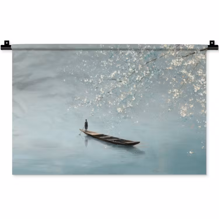 Wandkleed - Bloesems - Minimalistisch - Wateroppervlak - Boot — 1