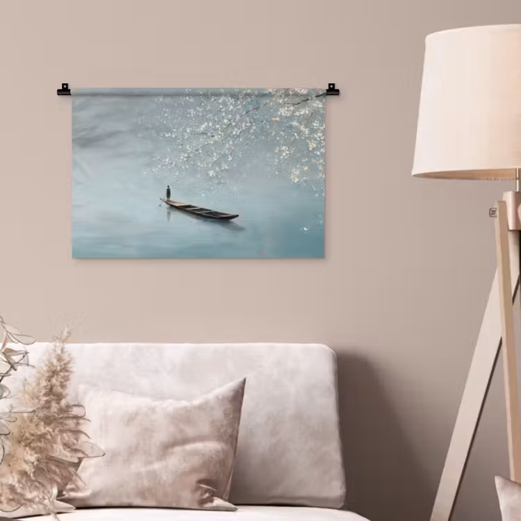 Wandkleed - Bloesems - Minimalistisch - Wateroppervlak - Boot — 2