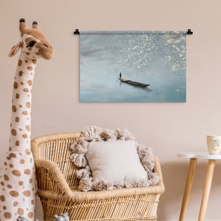 Wandkleed - Bloesems - Minimalistisch - Wateroppervlak - Boot — 5