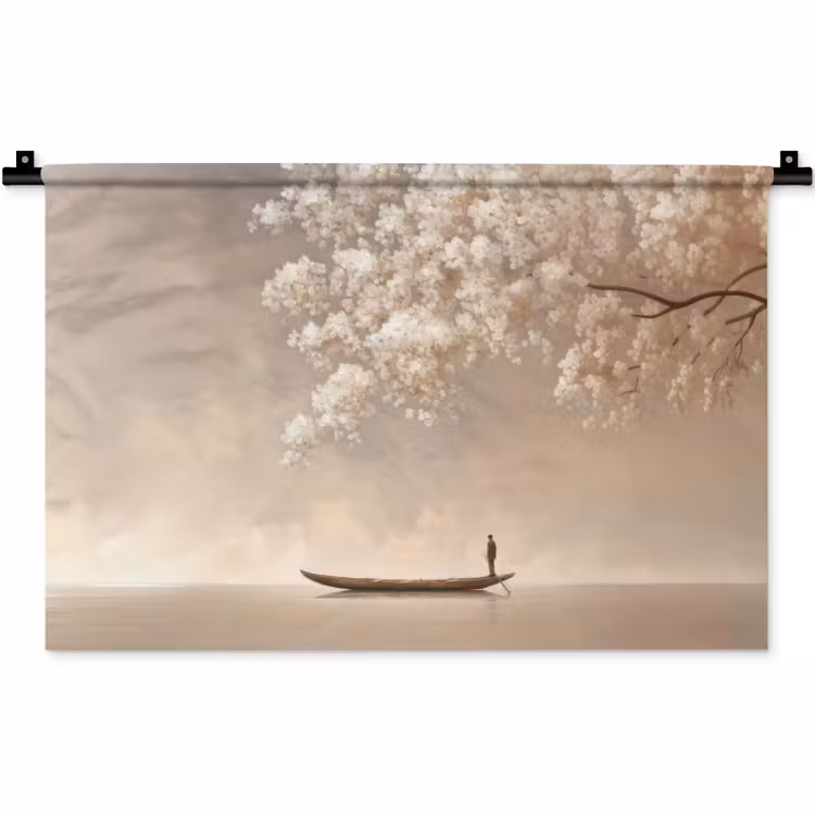 Wandkleed - Bloesems - Wit - Boot - Minimalistisch — 1
