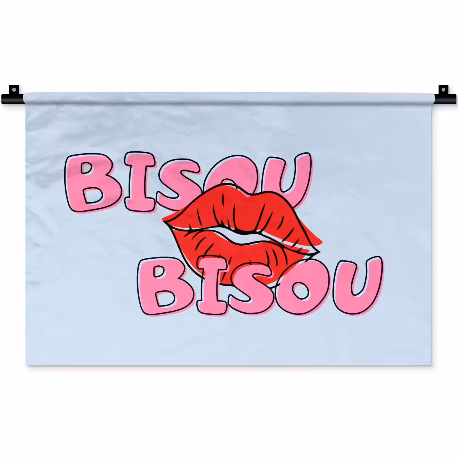 Wandkleed - Bisou - Blauw - Roze - Lippen — 1