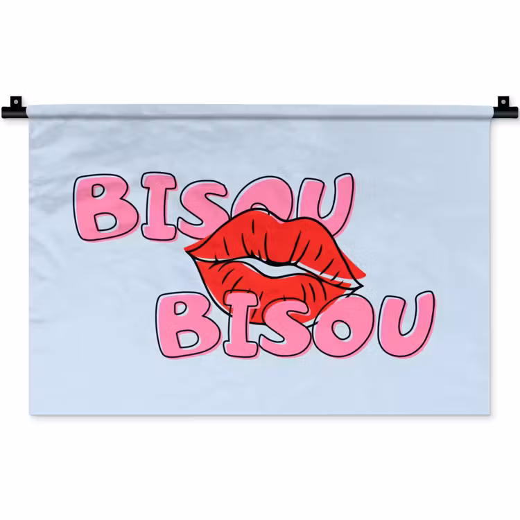 Wandkleed - Bisou - Blauw - Roze - Lippen — 1
