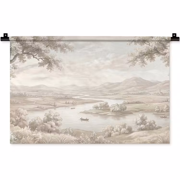 Wandkleed - Rivierlandschap - Bergen - Natuur - Vintage - Beige — 1