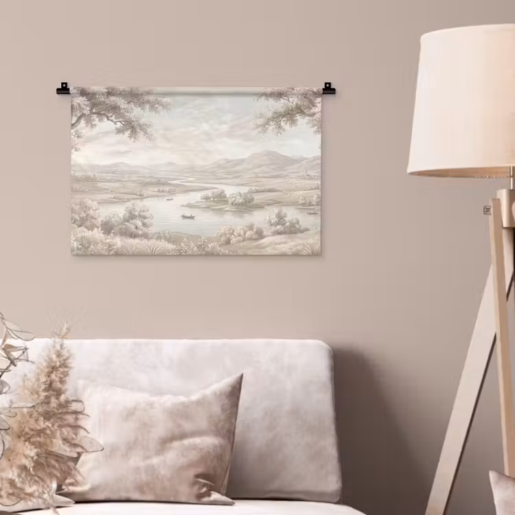 Wandkleed - Rivierlandschap - Bergen - Natuur - Vintage - Beige — 2