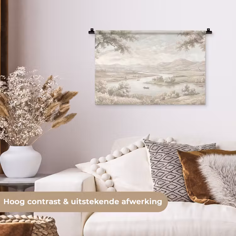 Wandkleed - Rivierlandschap - Bergen - Natuur - Vintage - Beige — 4