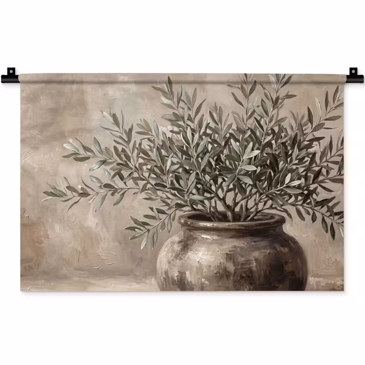 Wandkleed - Olijfplant - Aardenpot - Abstract - Beige — 1