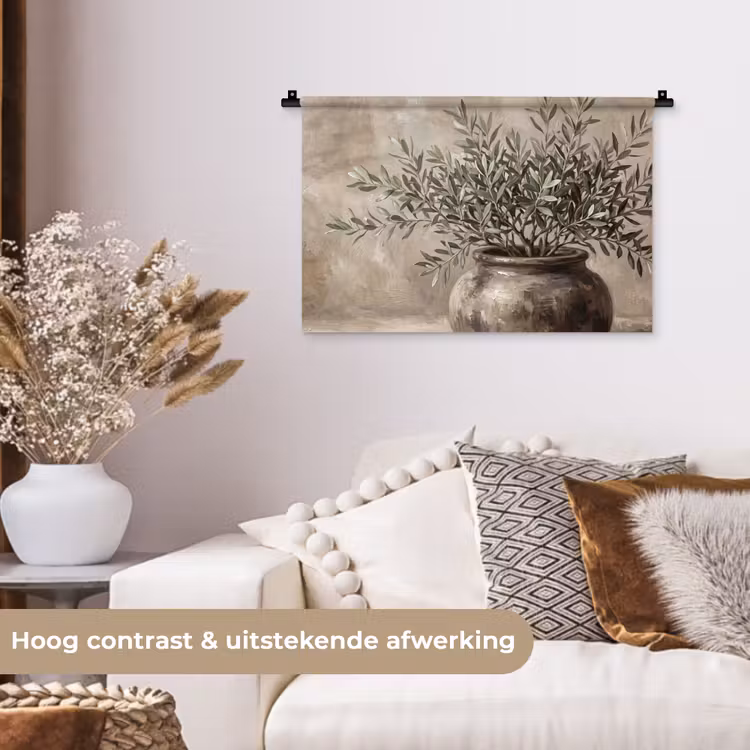 Wandkleed - Olijfplant - Aardenpot - Abstract - Beige — 4