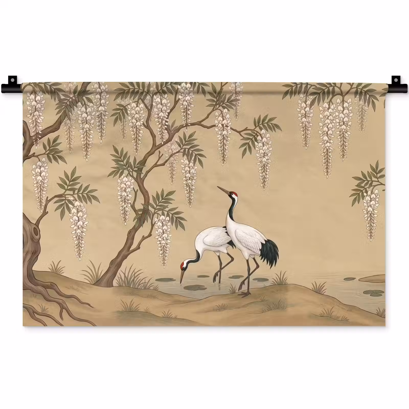 Wandkleed - Kraanvogels - Water - Beige — 1
