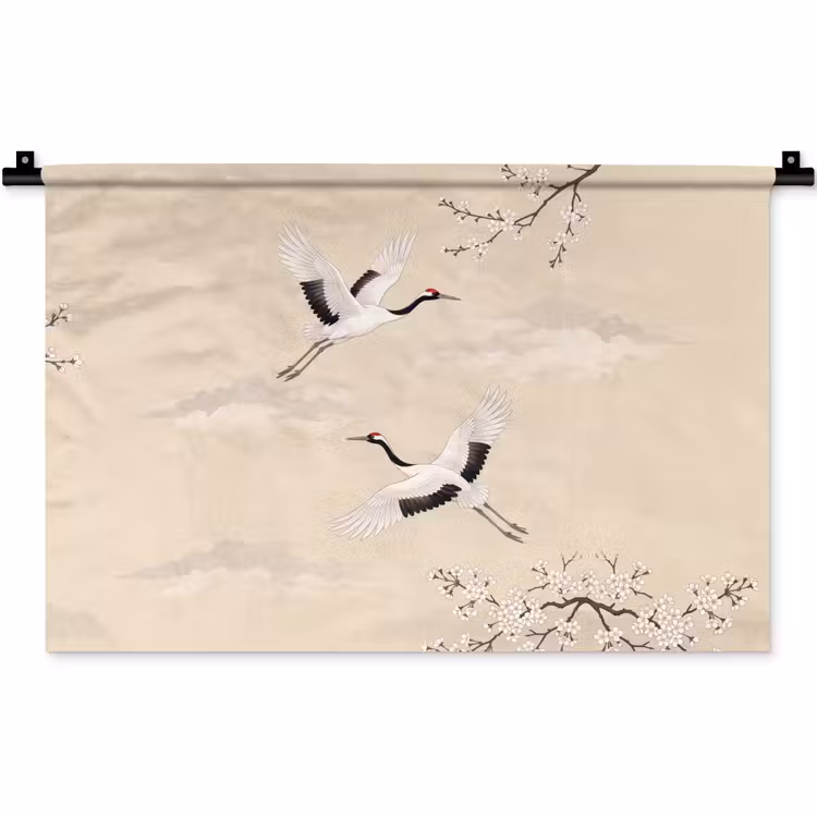 Wandkleed - Kraanvogels - Bloesem - Beige — 1