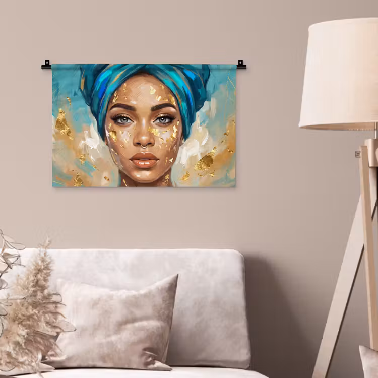 Wandkleed - Portret - Vrouw - Schilderij - Blauw - Goud - Expressief — 2