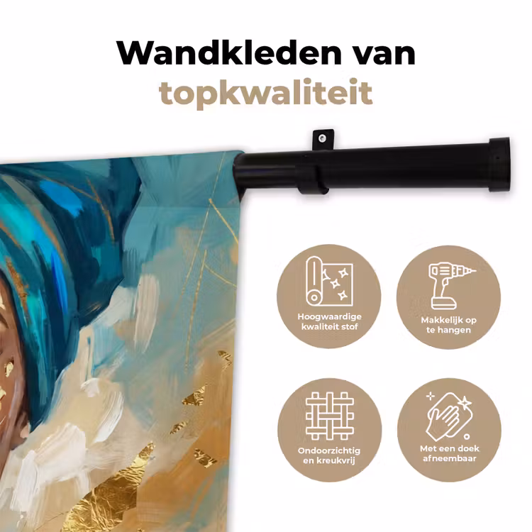 Wandkleed - Portret - Vrouw - Schilderij - Blauw - Goud - Expressief — 3