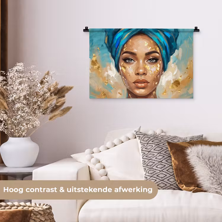 Wandkleed - Portret - Vrouw - Schilderij - Blauw - Goud - Expressief — 4