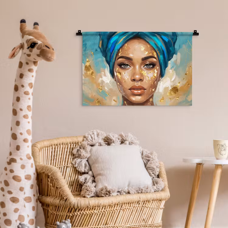 Wandkleed - Portret - Vrouw - Schilderij - Blauw - Goud - Expressief — 5