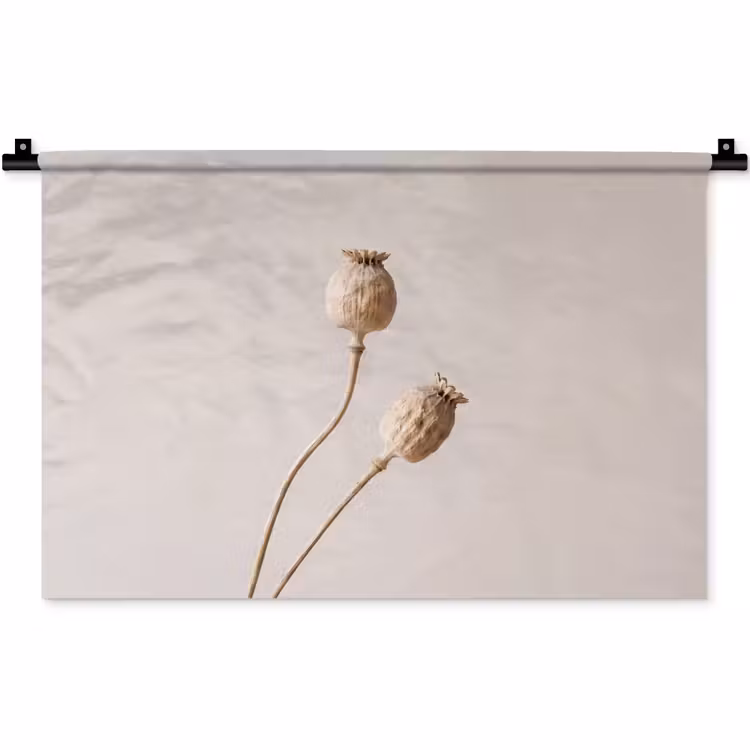 Wandkleed - Papaverbollen - Droogbloemen - Minimalistisch - Beige - Rustig — 1