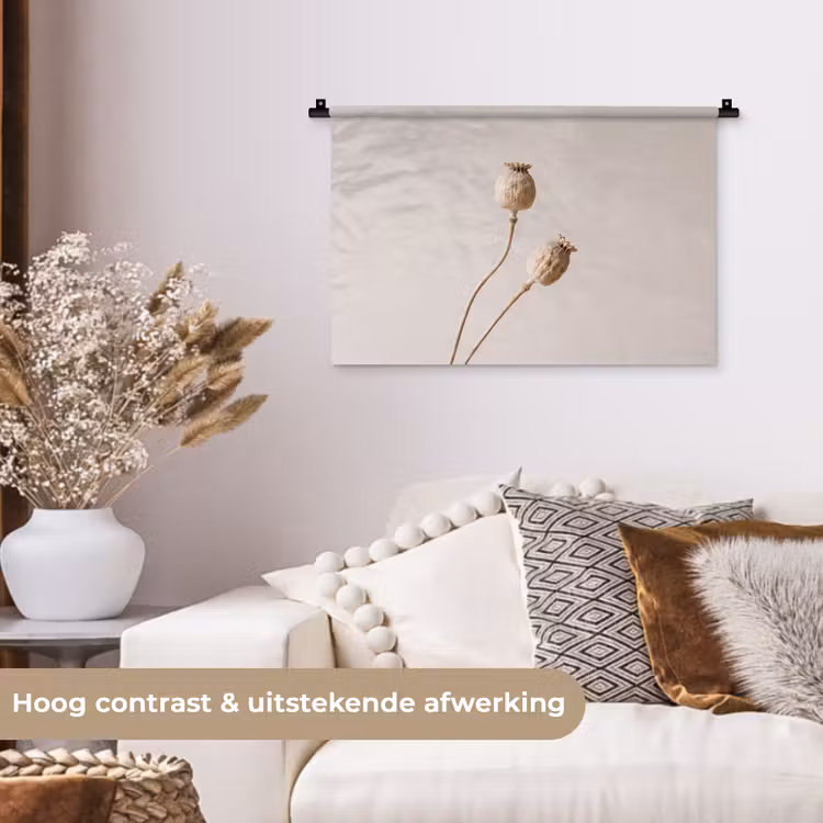 Wandkleed - Papaverbollen - Droogbloemen - Minimalistisch - Beige - Rustig — 4