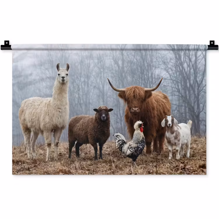 Wandkleed - Boerderijdieren - Groep - Mist - Natuur - Rustiek — 1