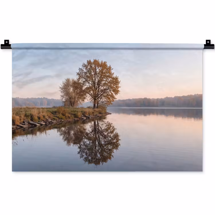 Wandkleed - Bomen - Reflectie - Water - Zonsopgang - Serene — 1