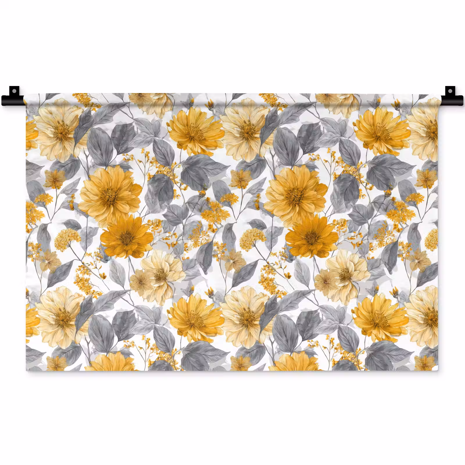 Wandkleed - Bloemen - Botanisch - Elegant - Okergeel - Grijs — 1