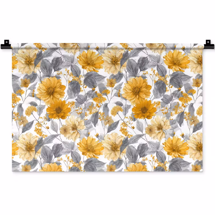 Wandkleed - Bloemen - Botanisch - Elegant - Okergeel - Grijs — 1