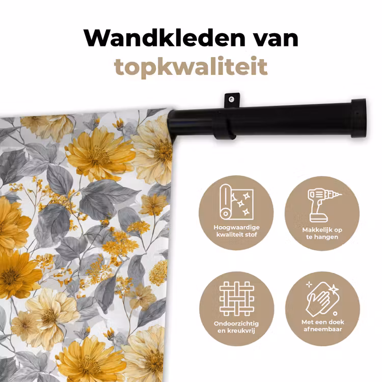 Wandkleed - Bloemen - Botanisch - Elegant - Okergeel - Grijs — 3