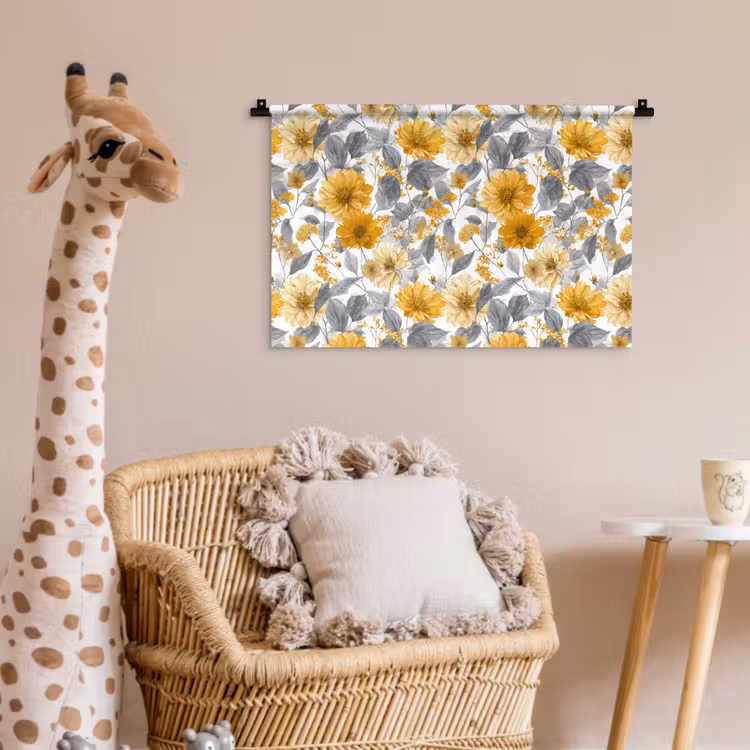 Wandkleed - Bloemen - Botanisch - Elegant - Okergeel - Grijs — 5