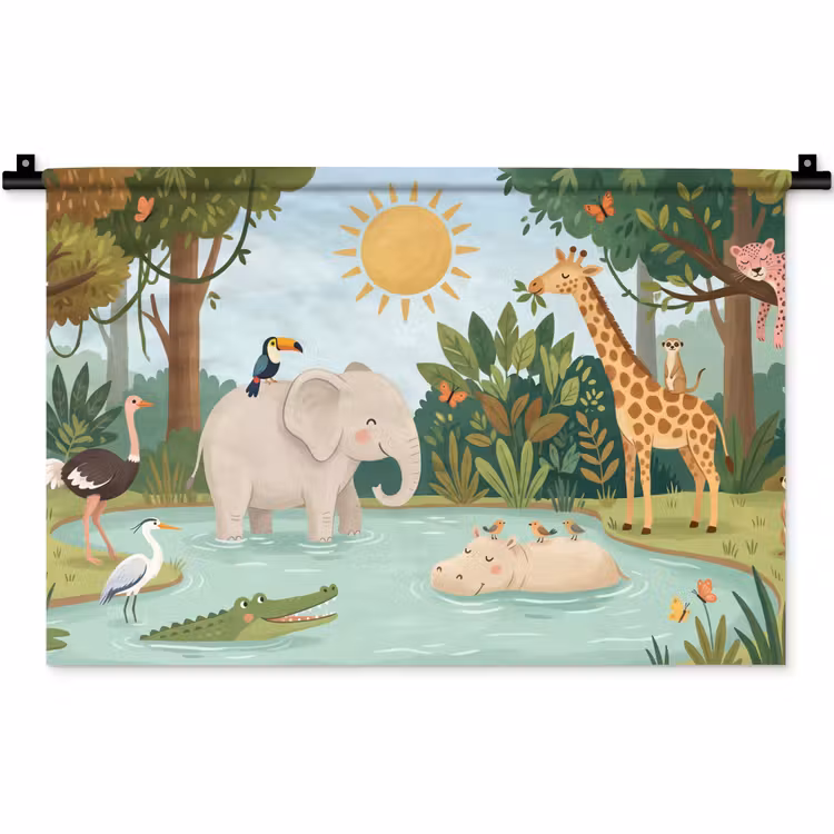 Wandkleed - Jungle - Oase - Dieren - Kleurrijk — 1