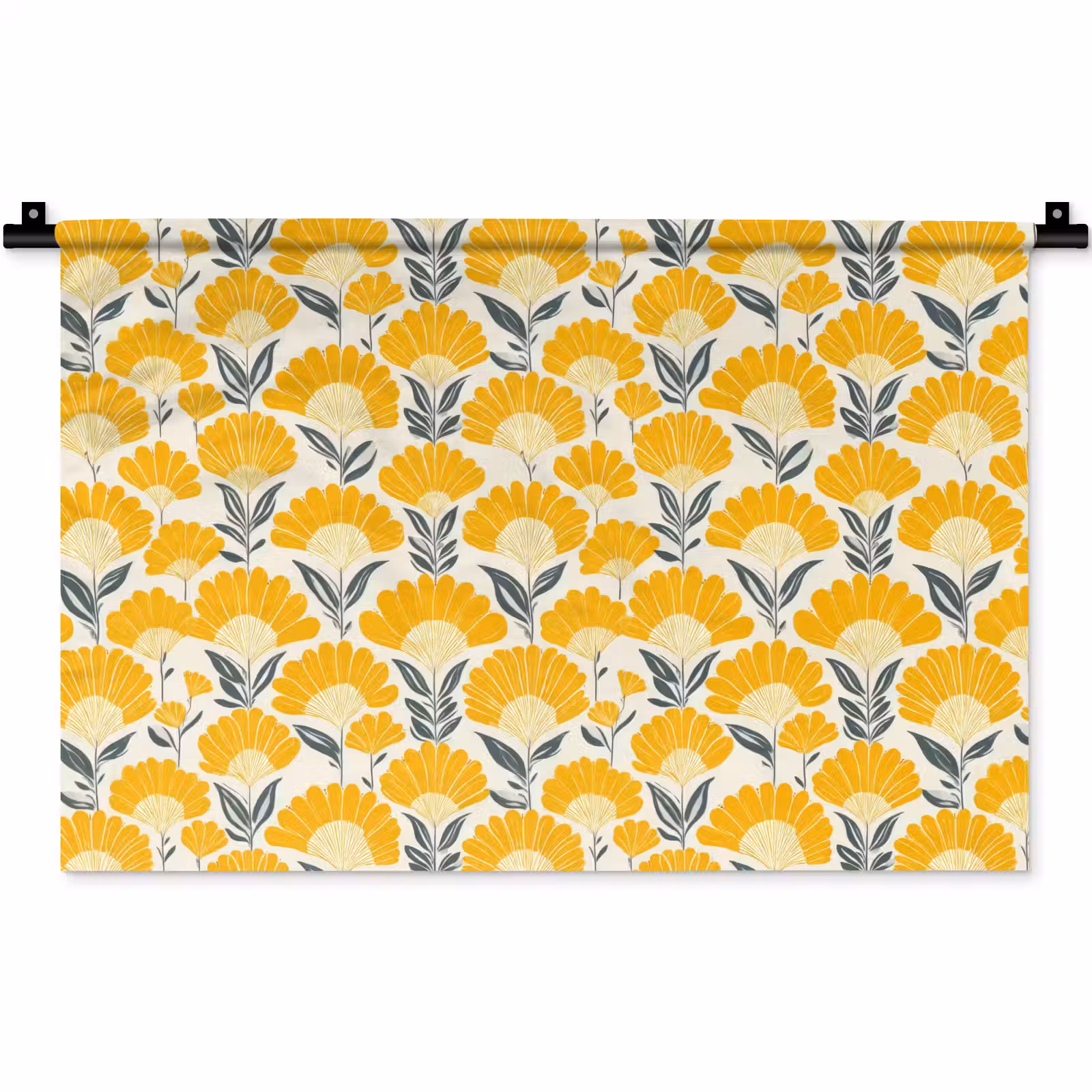 Wandkleed - Bloemen - Retro - Botanisch - Okergeel - Grijs — 1