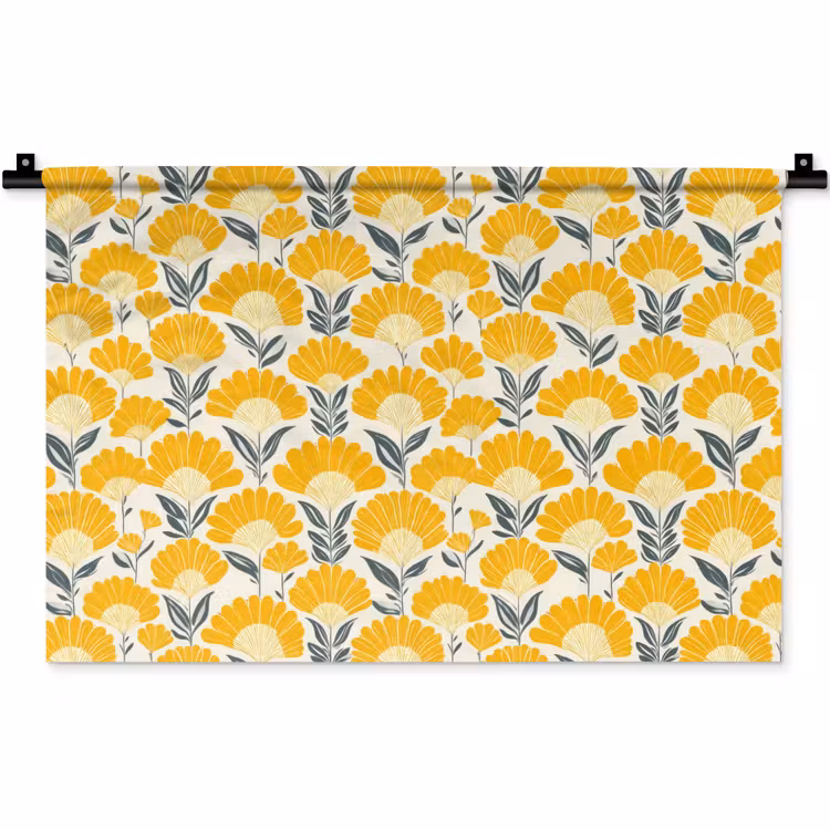 Wandkleed - Bloemen - Retro - Botanisch - Okergeel - Grijs — 1