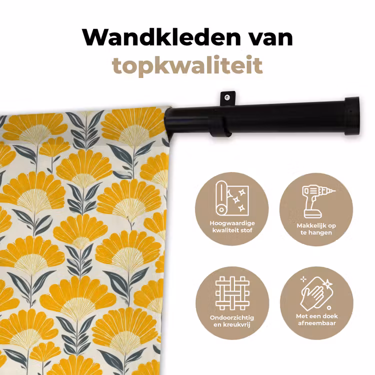 Wandkleed - Bloemen - Retro - Botanisch - Okergeel - Grijs — 3