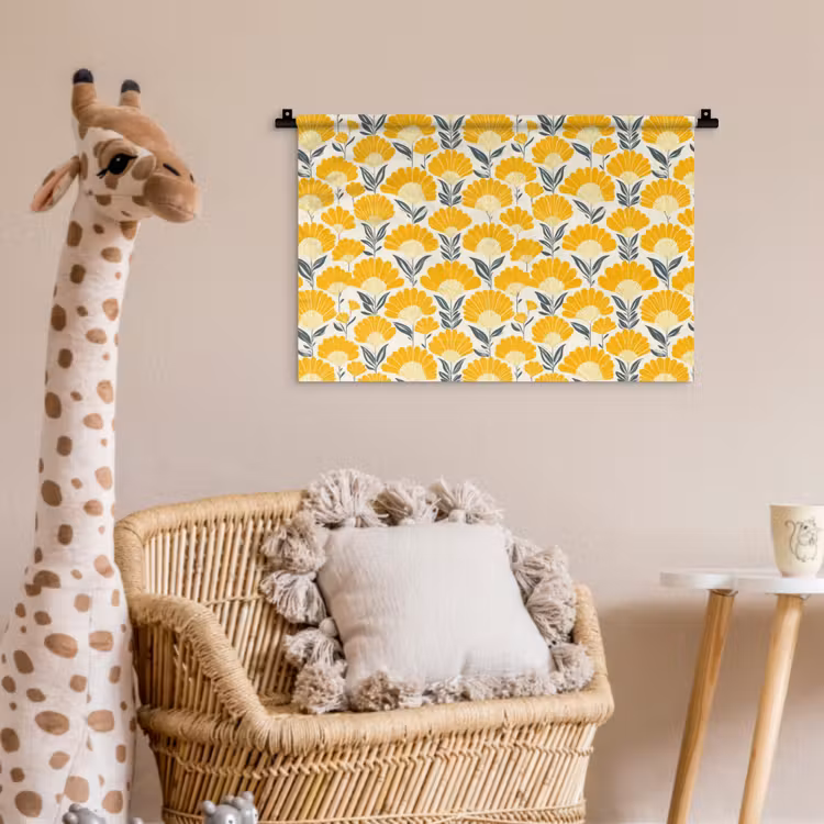 Wandkleed - Bloemen - Retro - Botanisch - Okergeel - Grijs — 5