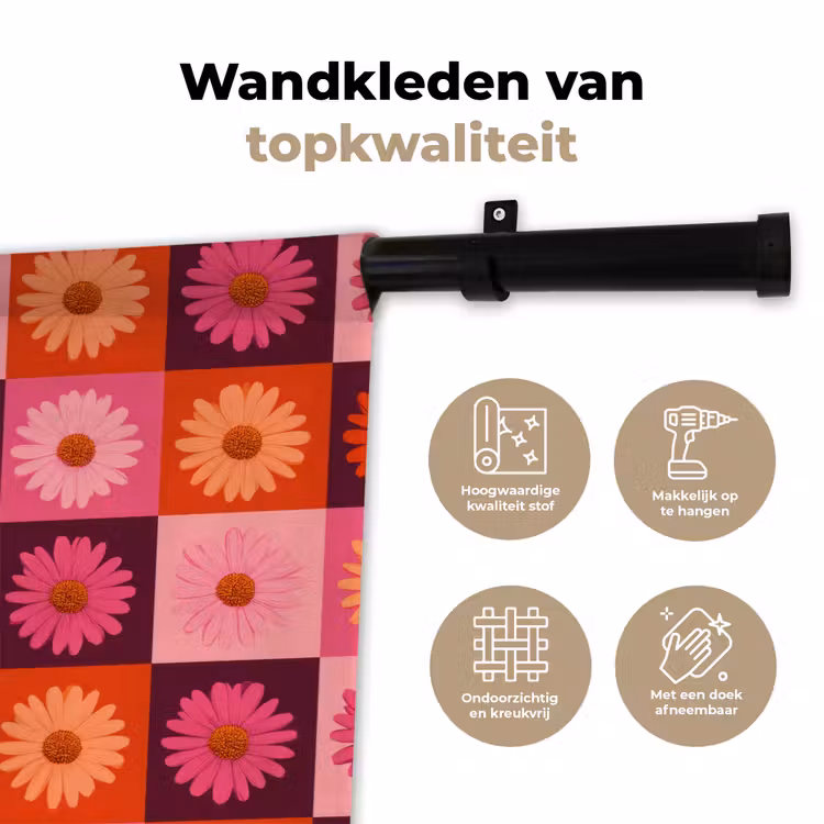 Wandkleed - Madeliefjes - Dambord - Retro - Roze - Oranje — 3