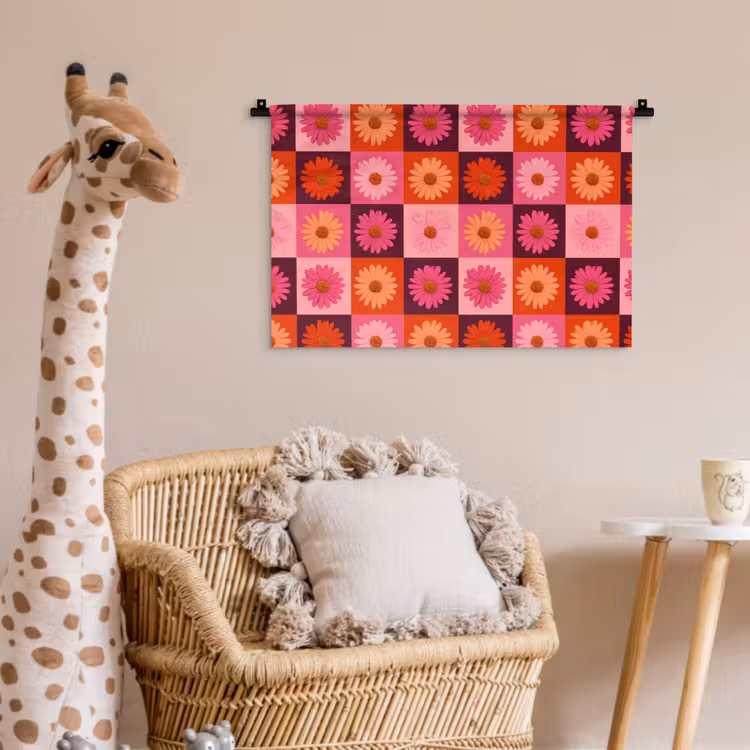 Wandkleed - Madeliefjes - Dambord - Retro - Roze - Oranje — 5