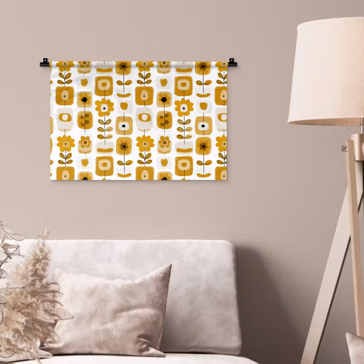 Wandkleed - Retro - Abstract - Bloemen - Okergeel — 2