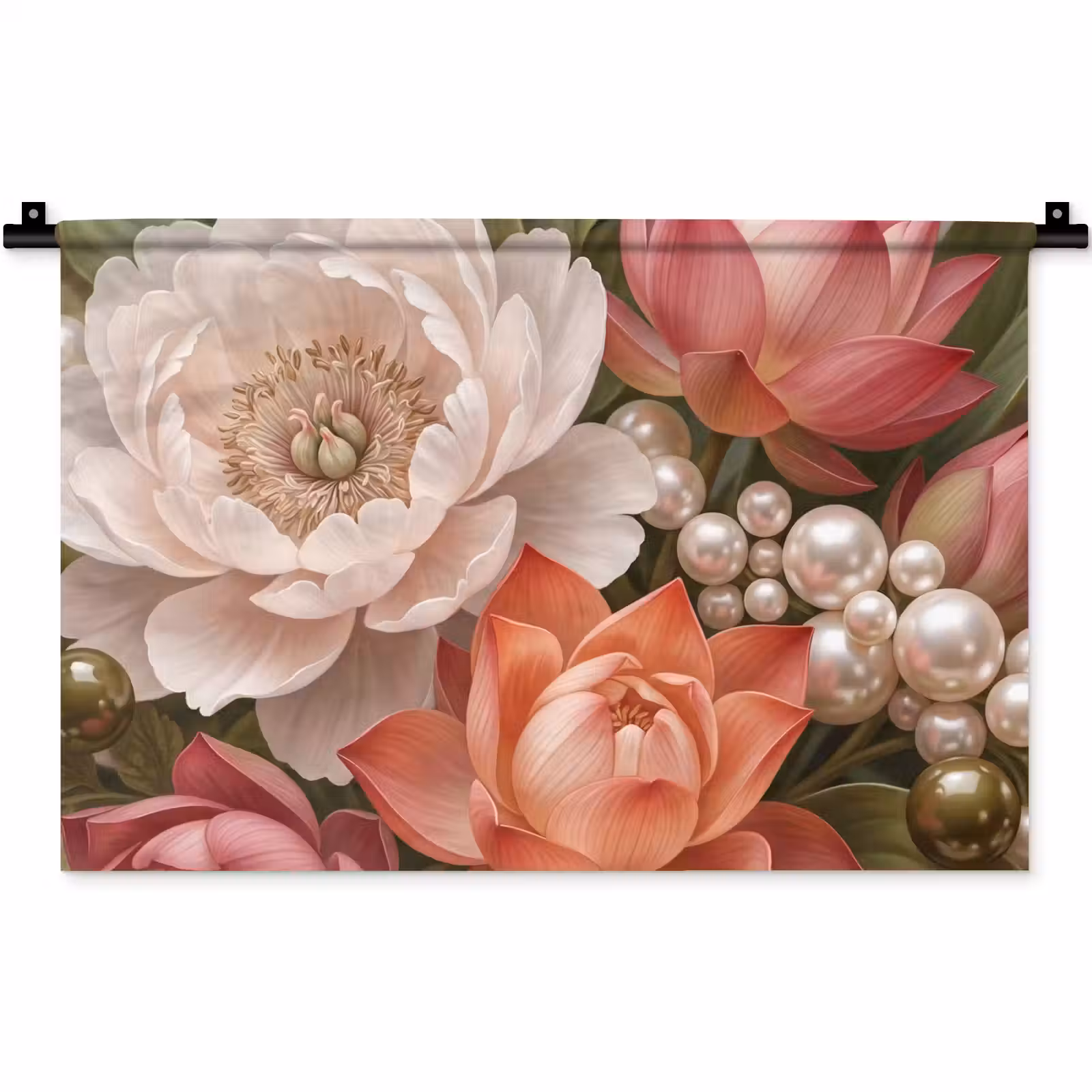 Wandkleed - Bloemen - Parels - Elegant - Roze - Wit — 1