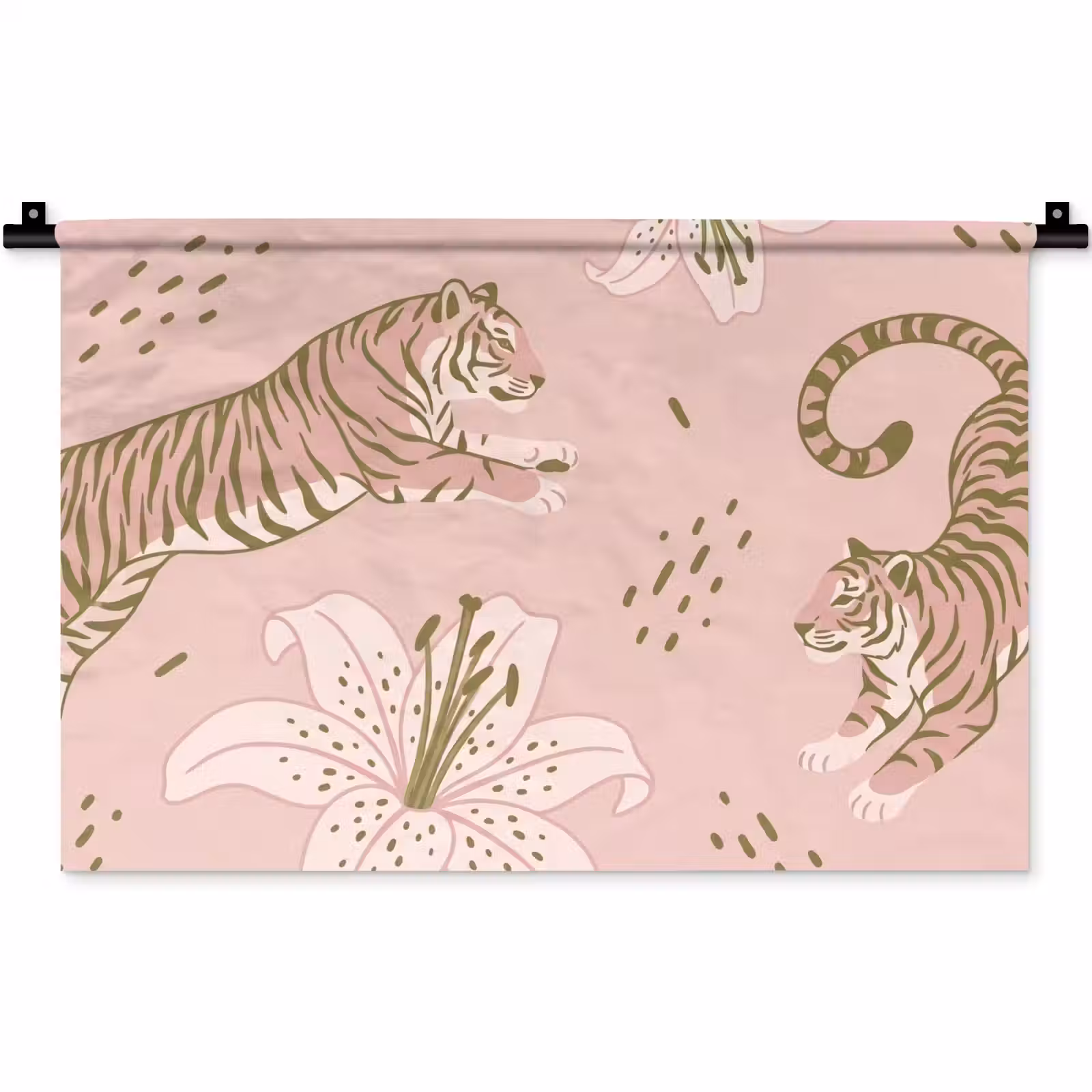 Wandkleed - Kat - Springend - Bloemen - Abstract - Roze — 1
