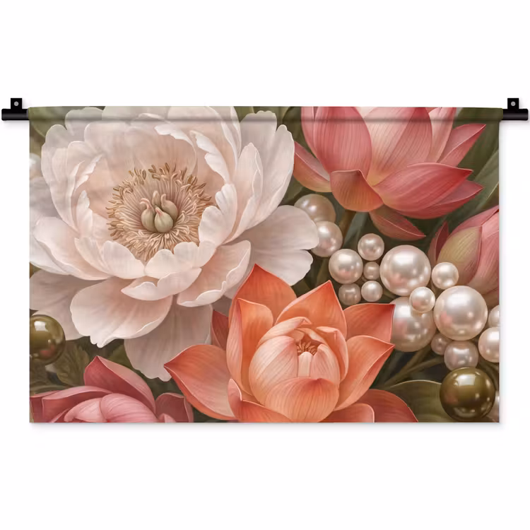 Wandkleed - Bloemen - Parels - Elegant - Roze - Wit — 1