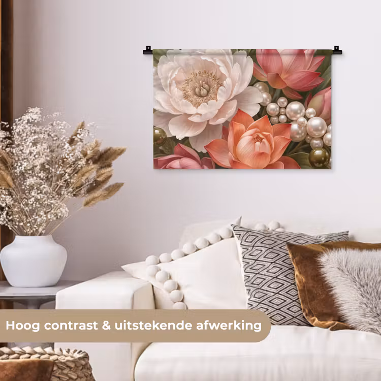 Wandkleed - Bloemen - Parels - Elegant - Roze - Wit — 4