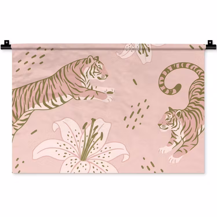 Wandkleed - Kat - Springend - Bloemen - Abstract - Roze — 1