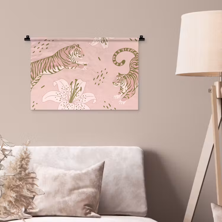 Wandkleed - Kat - Springend - Bloemen - Abstract - Roze — 2