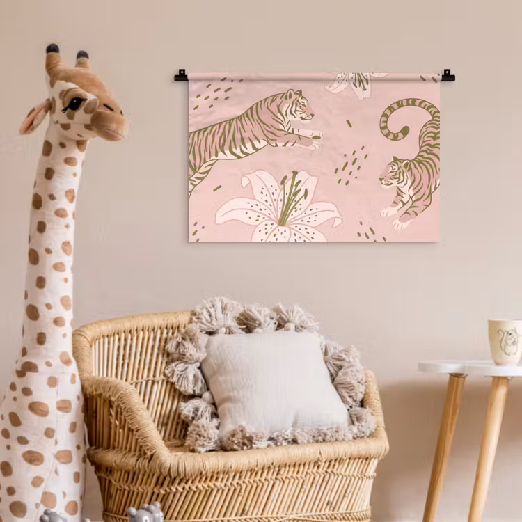 Wandkleed - Kat - Springend - Bloemen - Abstract - Roze — 5