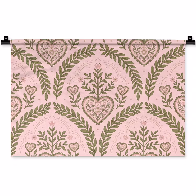 Wandkleed - Patroon - Hart - Bloemen - Folkloristisch - Roze — 1